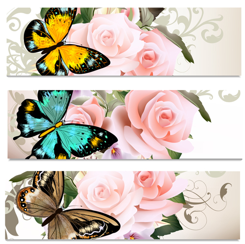 Flowers and butterflies banners vectors 02  
