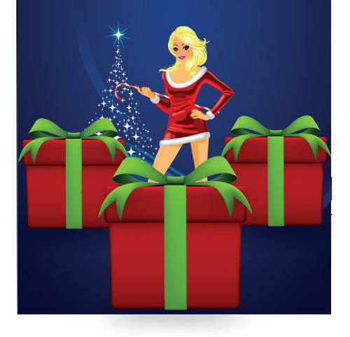 Christmas Girl and gift box design vector material 02  