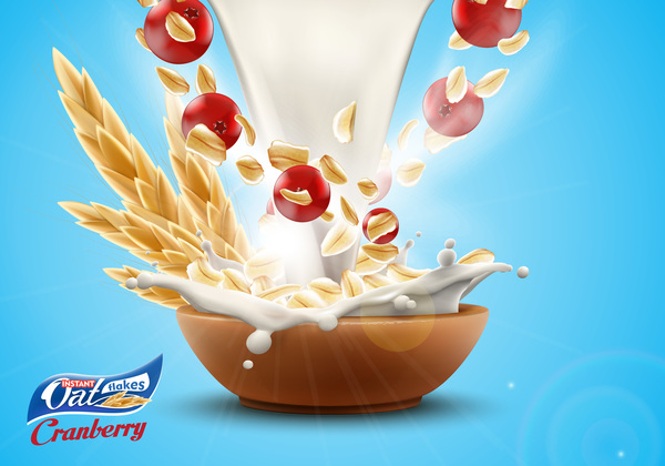 Oat flakes with milk splash and cherry advertising poster vector 02  