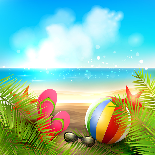 Palm leaves with summer beach background vector 05  