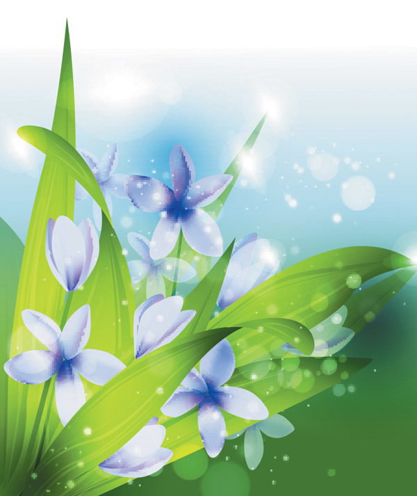 緑の葉の背景ベクトルを春の青花  
