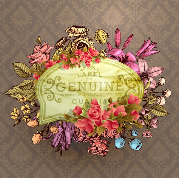 Vintage flower labels with ornate background vector 04  