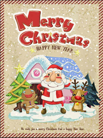 Vintage merry christmas poster vector material  