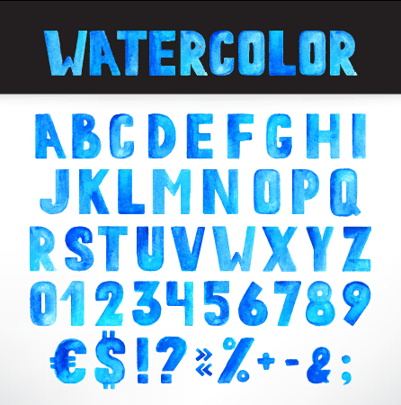 Watercolor alphabets with numbers and symbol vectors  