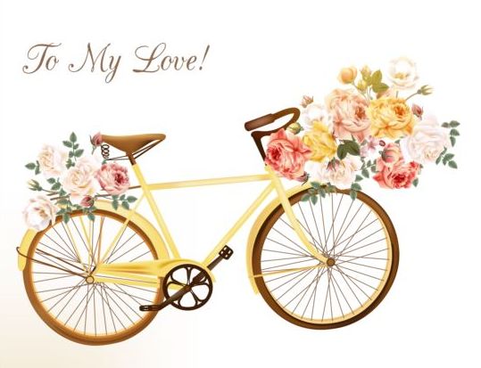 Yellow bisycle with rose flowers vector  