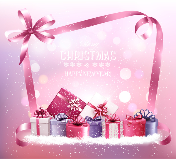 holiday christmas pink background with gift boxes vector  