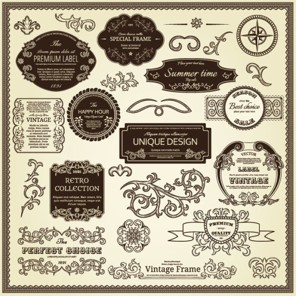 Elements of Vintage Frames and label vector 01  