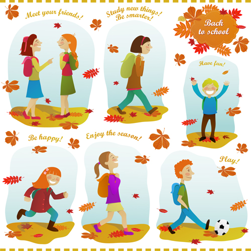 Autumn leaves and people design elements vector  