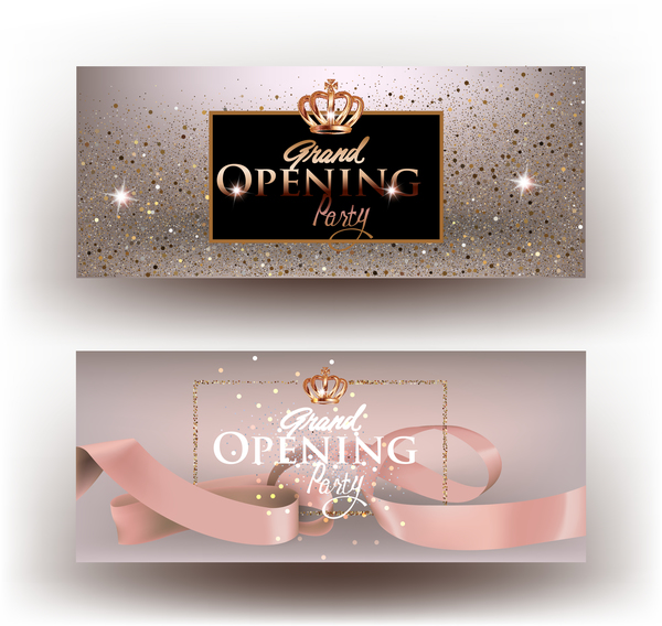 Beige grand opening party invitation cards with sparkling dust and ribbon vector  