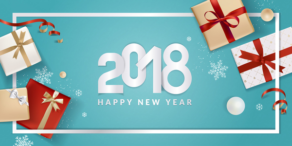 Blauer Hintergrund des neuen Jahres 2018 mit Geschenkvektor 06  