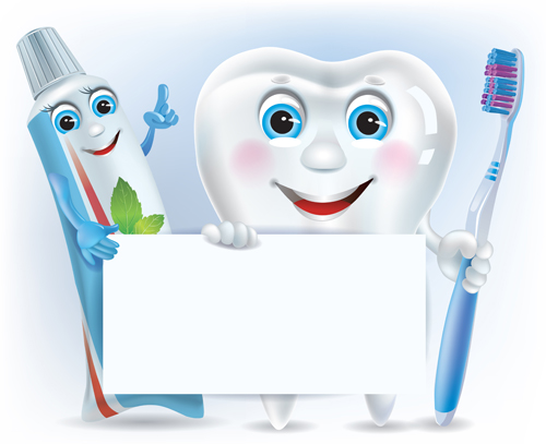 Cartoon cute tooth with toothpaste and toothbrush vector 01  