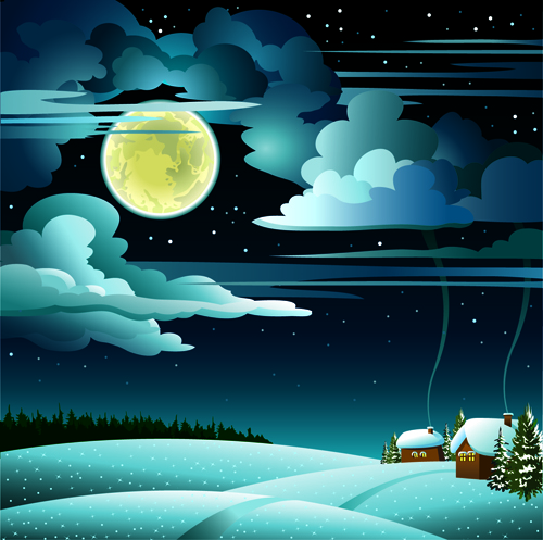 Charming Winter Night landscapes design vector 01  
