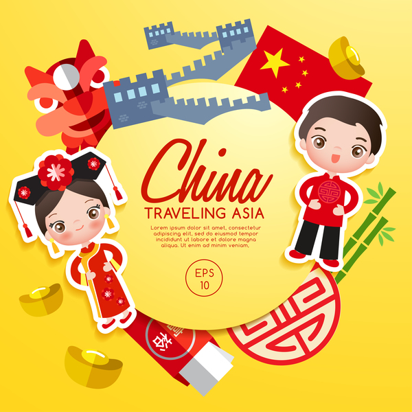 China travel cartoon template vector  