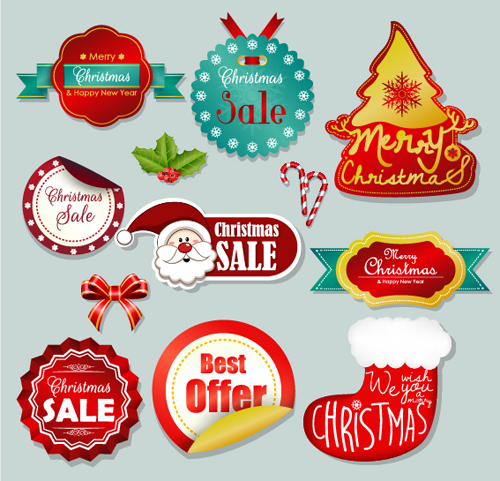 Christmas sticker with labels and badge vector set 01  