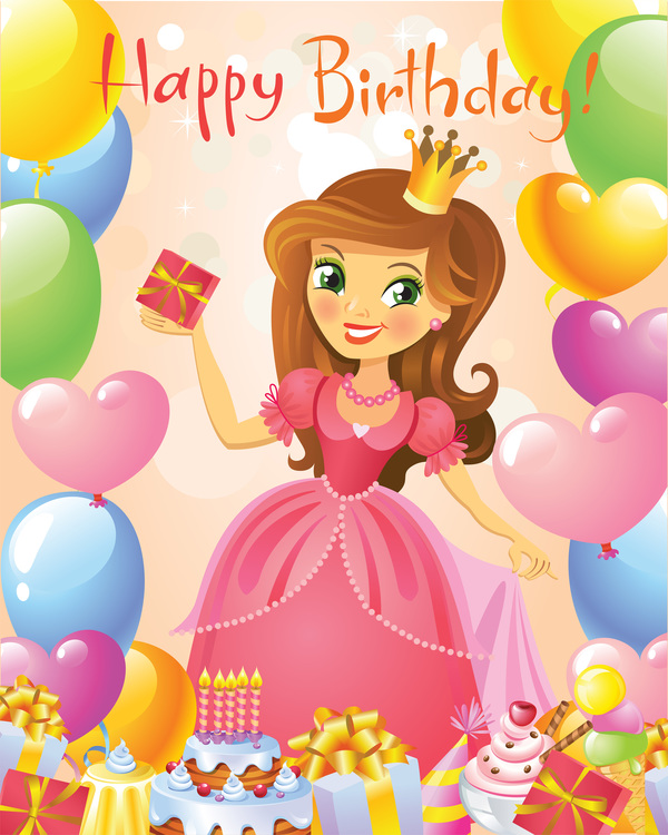 Cute princess with happy birthday backgroud vector 05  