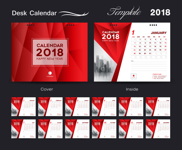 デスクカレンダー2018テンプレートレッドカバーデザインのベクトル01  