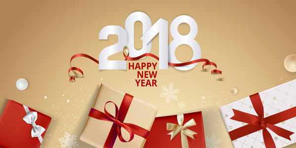 Fond d'or 2018 nouvel an avec des coffrets cadeaux vecteur 02  