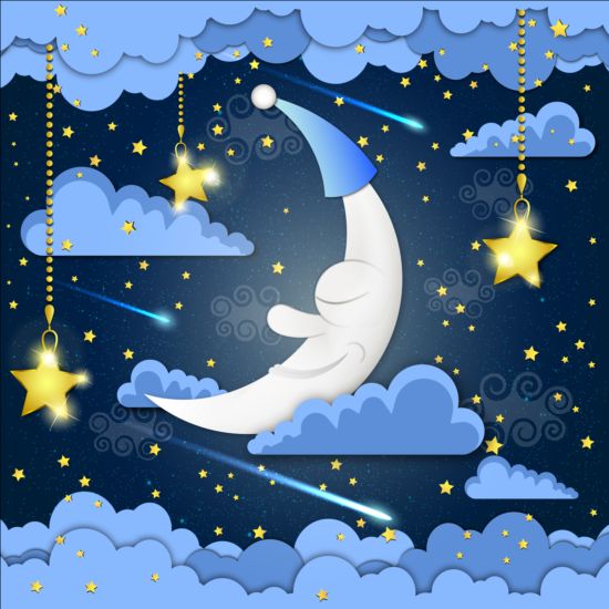 Golden stra with moon and cloud cartoon vector 01  