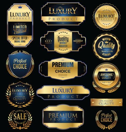 Goldig mit blauen Luxus-Abzeichen und Labelvektor  