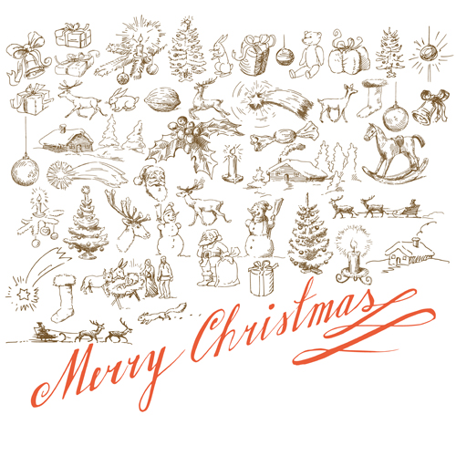 Hand drawn Retro Merry Christmas accessories vector art 03  