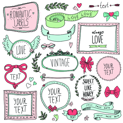 Hand drawn romantic frame with ornaments elements vector 02  