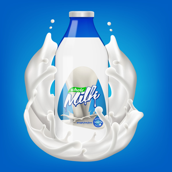 Milchflasche mit spritzender Milch 3d Vektorillustration 03  