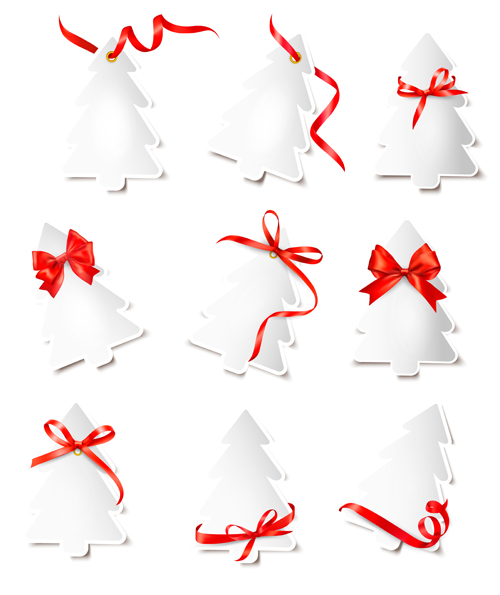 Paper christmas tree with ribbon cards vector 02  