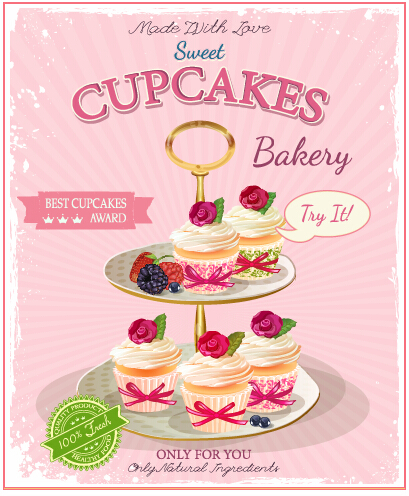 Retro advertising poster cupcakes vector 02  