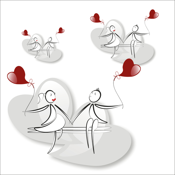 Romantic boy and girl with red heart baloon vector 01  