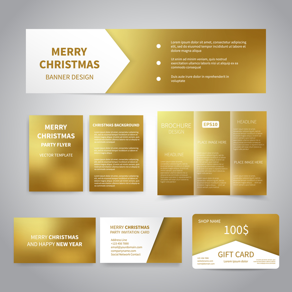Shiny golden gift card with brochure cover and banner vector  