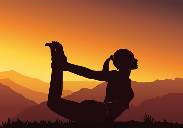 Silhouette de yoga avec le vecteur de fond coucher de soleil 05  