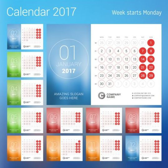 2017 kalender med runda knappen vektor 01  
