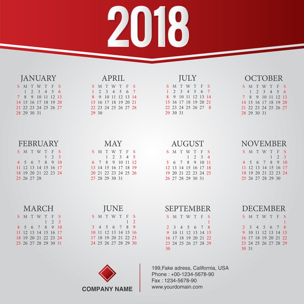 2018 société calendrier modèle rouge styles vecteur  