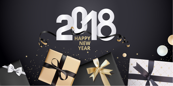 2018 nouvel an fond noir avec des coffrets cadeaux vecteur 02  