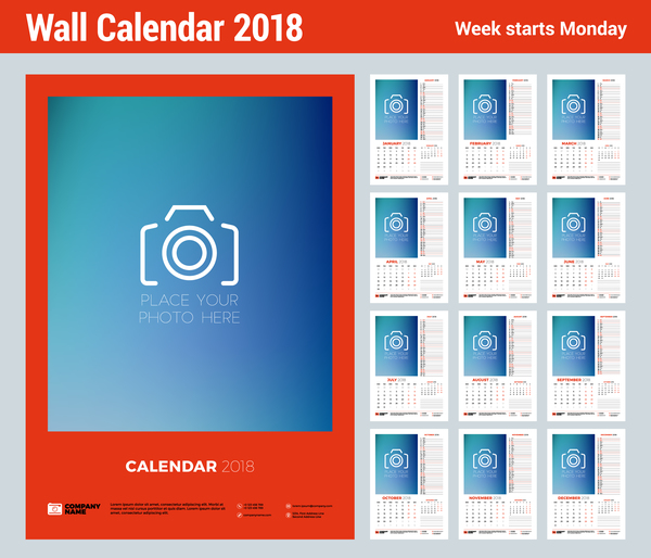 2018 mur calendrier modèle vecteurs matériel 01  