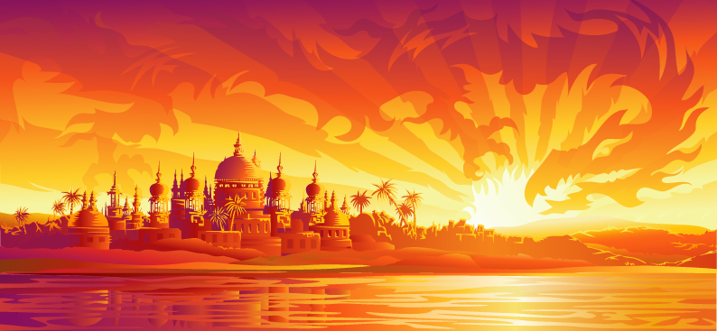 Ancient city with fiery dragon vector background  