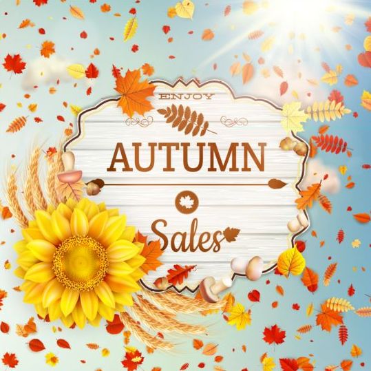 Herfst verkoop etiketten met zonnebloem en bladeren achtergrond vector 10  