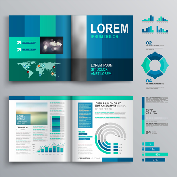 Blaue Broschüre Abdeckung mit Infographik Vektor Material 05  