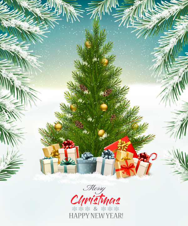Weihnachtshintergrund mit Baum- und Geschenkboxvektor  