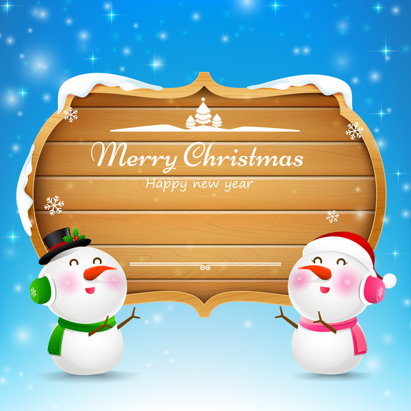 Kerst sneeuwpop en snowgirl houten bord met tekst Merry Christmas vector 01  