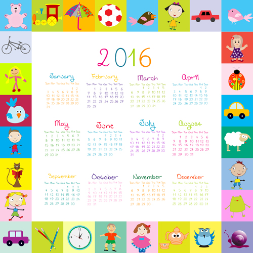 Cute kids calendars 2016 vector 03  