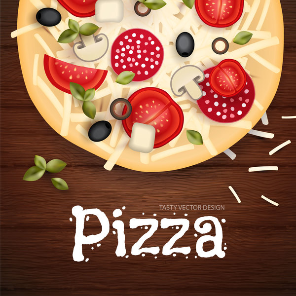 Köstliche Pizza mit hölzernem Hintergrundvektor 02  