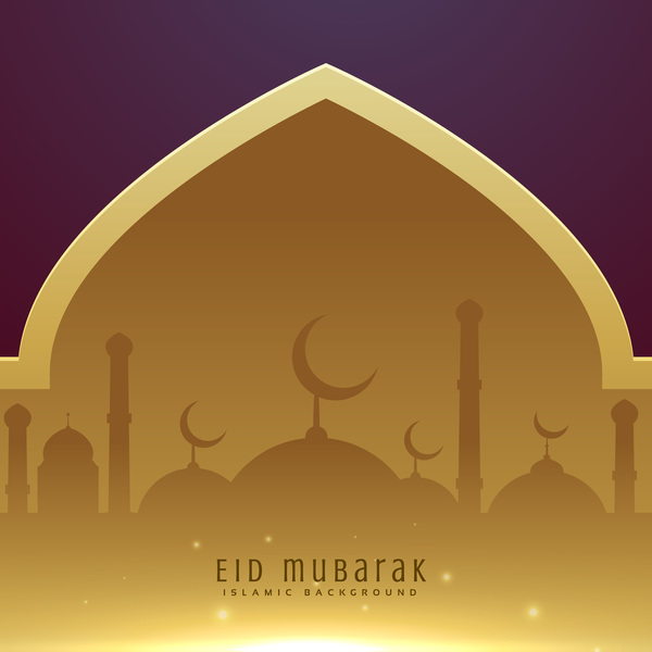 Golden with purple eid mubarak background design vector  
