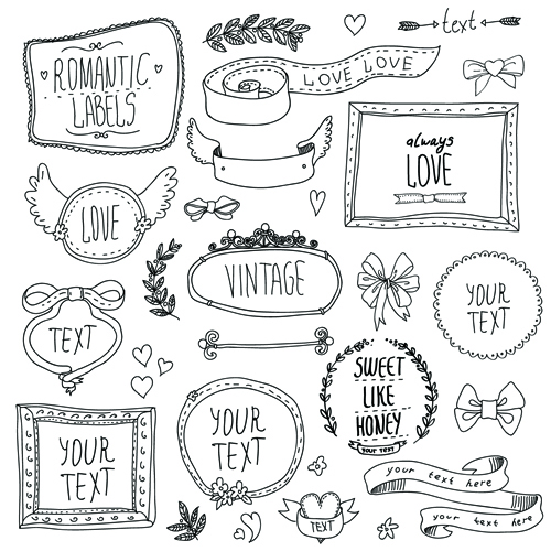 Hand drawn romantic frame with ornaments elements vector 01  