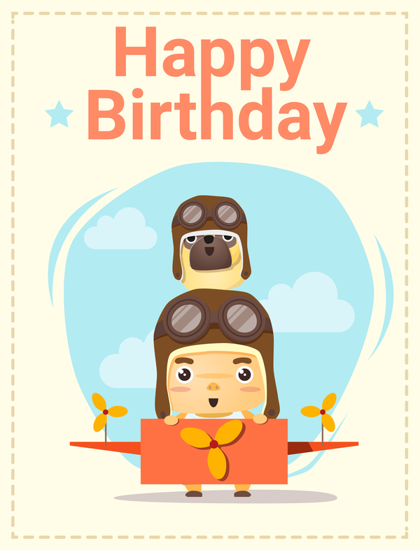 Happy birthday card with little boy and friend vector 01  