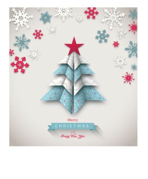 雪片ベクトルを含む紙のクリスマスツリー  
