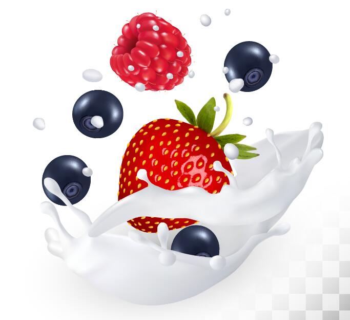 Raspberry bluberry strawberry with splash milk vector  