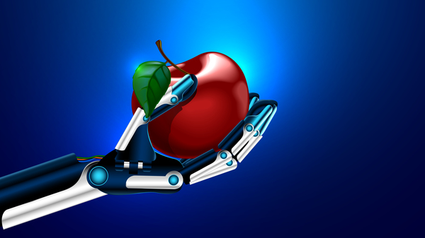 Robot hand with red apple vector  