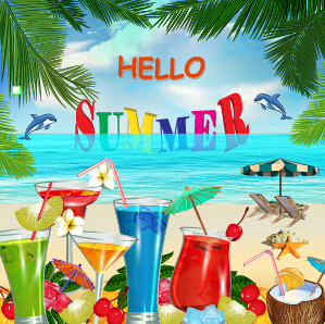 Summer travel with fruit drink vector background 01  