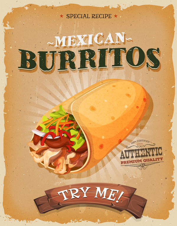 affiche de burrito snack et vecteur rétro barbecue  